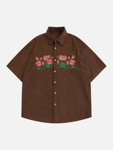 Rose Embroidered Corduroy Short Sleeve Shirts